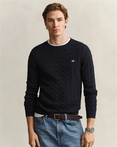 Gant - Cotton Cable C-Neck Strik - Evening Blue